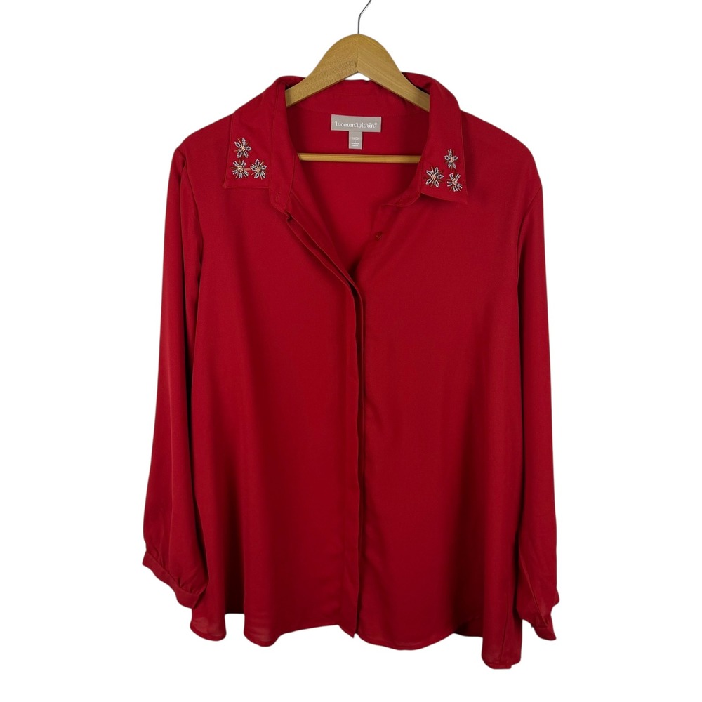 Woman Within Red Floral Embellished Beaded Button Front Shirt Size 18/20
